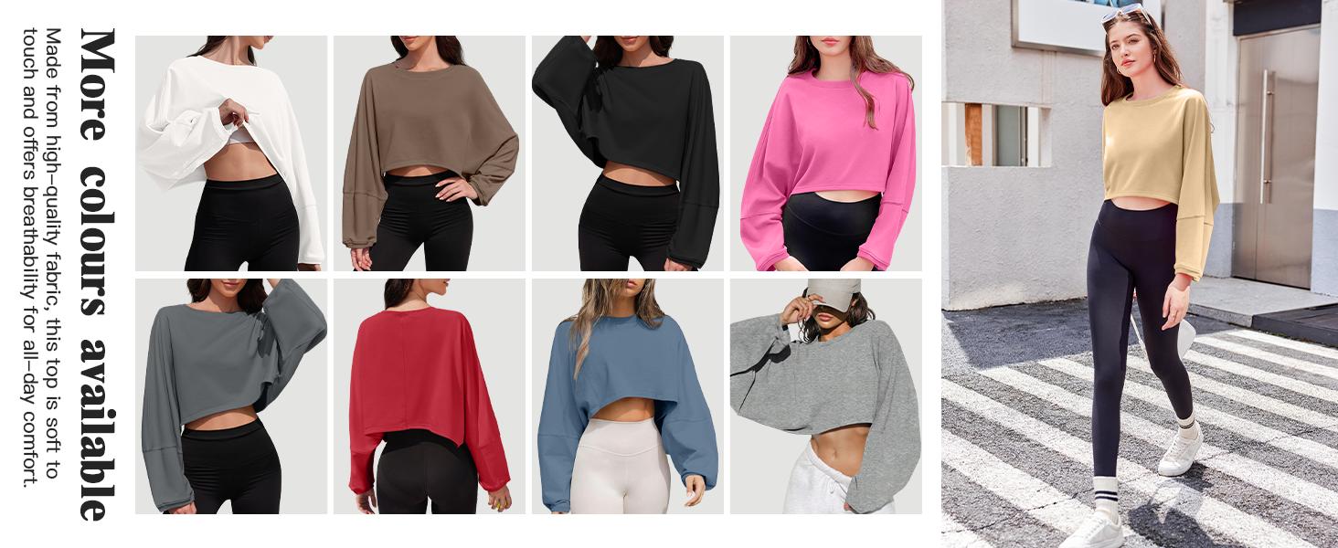 Imily Bela Womens Long Ballon Sleeve Sweatshirts Tops Cropped Crew Neck Loose Fit Casual Workout Shirts