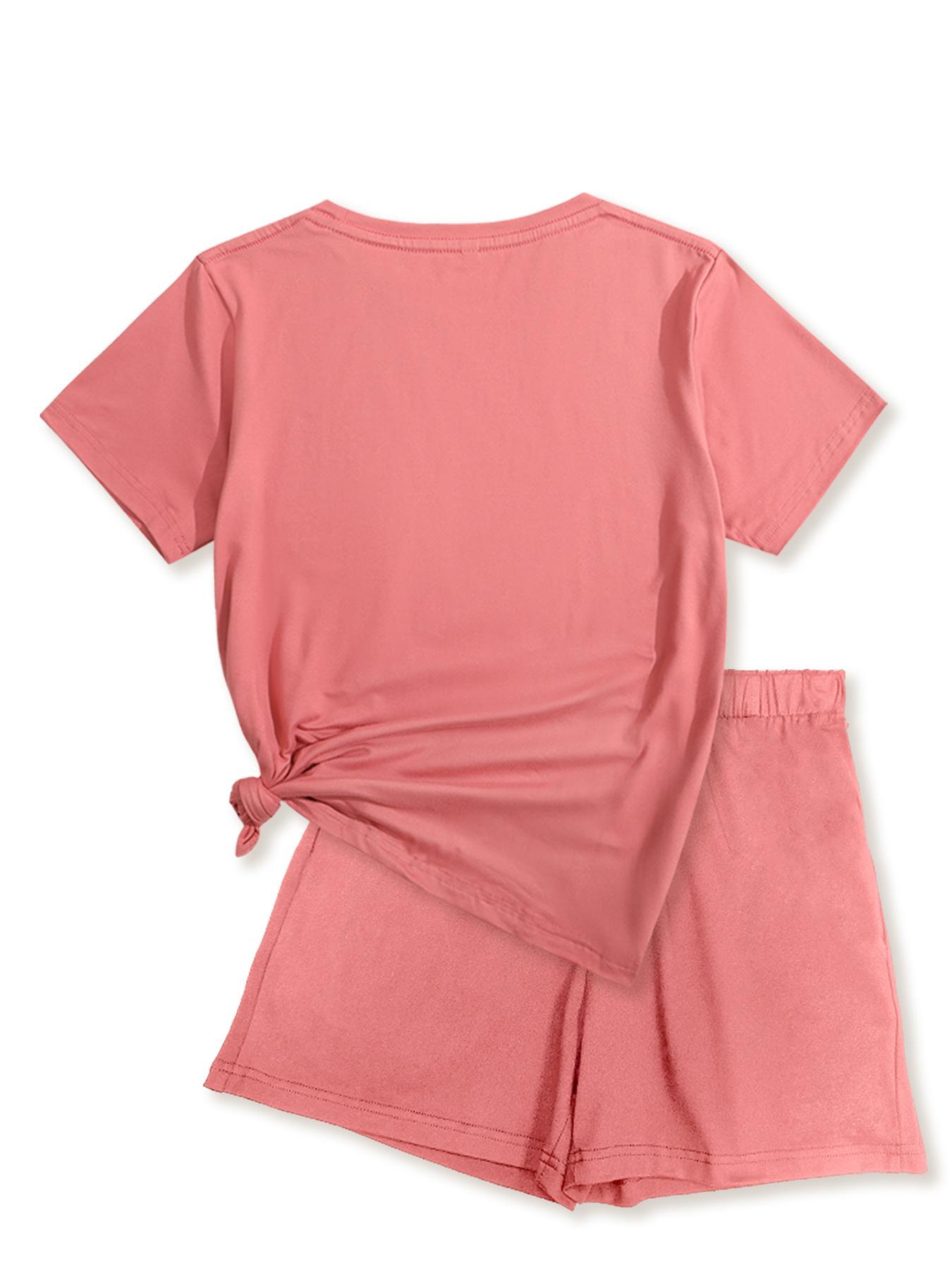 Two-Piece Set Women's Heart Print Tee & Shorts, Casual Fitted Short Sleeve Crewneck T-shirt & Skinny Shorts, Ladies Summer Clothes for Daily Wear