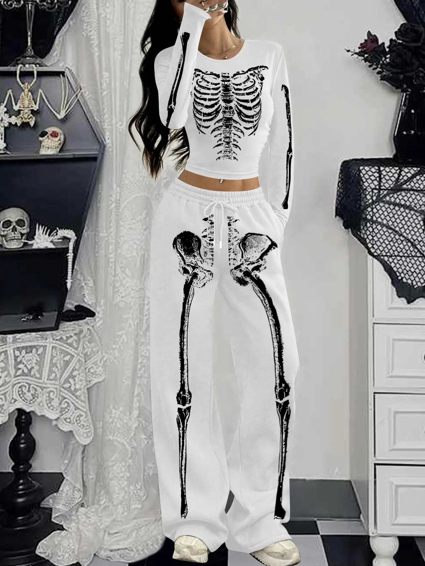 Women's Slim Fit Round Neck Long Sleeve Tee & Drawstring Wide Leg Pants Set, Halloween Bone Print, Comfortable Soft Fabric, Casual Wear, Outfit, Clothes