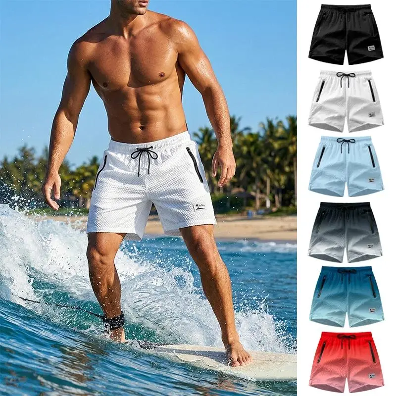 Men's Seersucker Beach Shorts with Mesh Liner Summer Casual Board Shorts with Zipper Pockets Quick Dry Swim Shorts Swim Trunks