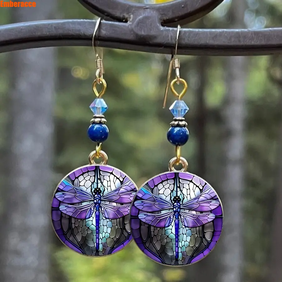 Purple Blue Glass Dragonfly Earrings for Women, Vintage Retro Dangle Earrings with Colorful Glass Design, Boho Artistic Jewelry, Elegant Statement Earrings for Daily Wear, Party, Wedding, Anniversary Gift