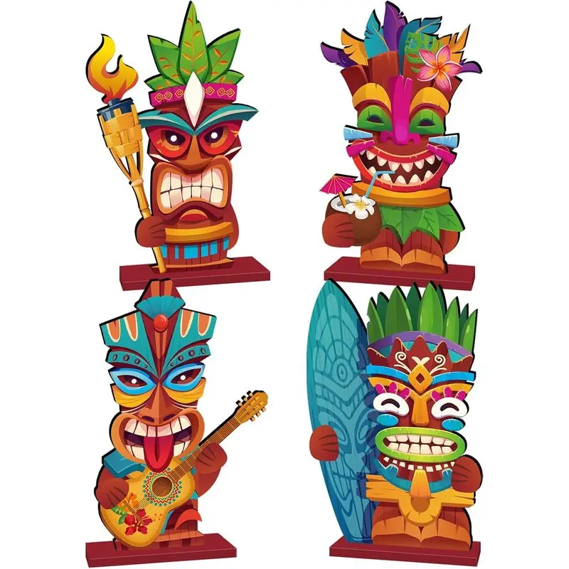 4Pcs Tiki Party Decorations Wooden Tiki Totem Table Sign Decor | Hawaiian Luau Party Decorations Tropical Aloha Wooden Table Centerpieces for Tables Summer Beach Party Decorations