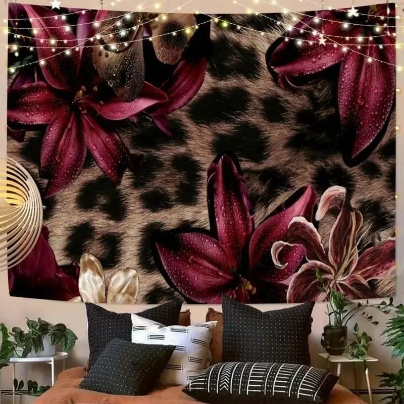 Leopard Print Burgundy Lily Wall Tapestry | Vintage Animal Skin Dark Floral Banner | Maximalist Mob Wife Vibe Tapestries for Girls Bedroom College Dorm Decor