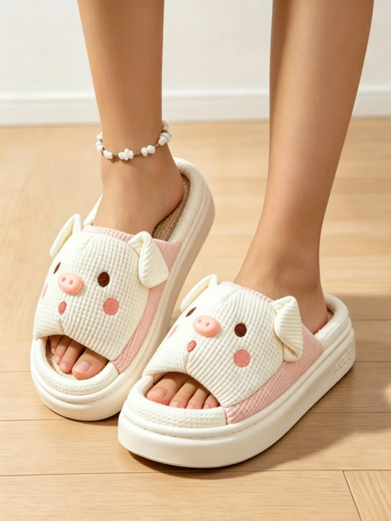 Women's Cute Cartoon Pig Open-Toe Slippers, Animal Slippers, Japanese Style Waffle Hemp Thick Sole, Non-Slip Soft Bottom, Cozy Indoor Slides, Comfortable Indoor Shoes, Casual Indoor Footwear, Christmas Gift, Non Slip Design