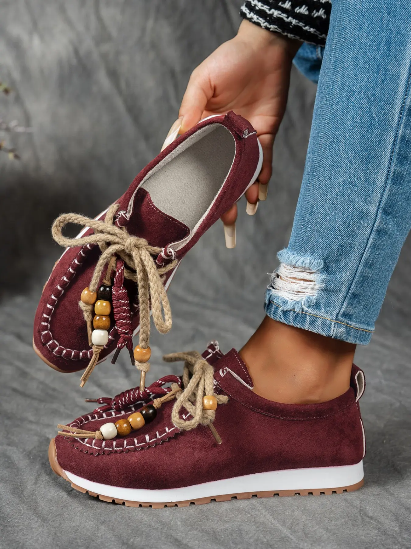 Vintage Bead Tassel Lace-Up Flats, Women Suede Casual Walking Shoes, Comfortable and Stylish Footwear for Everyday Wear