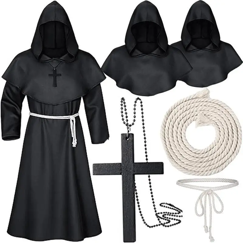 Medieval Monk Hood Cloak Sorcerer Priest Costumes Halloween Robe Wizard Knight Cape Adult Teens Outfit Party Props Set