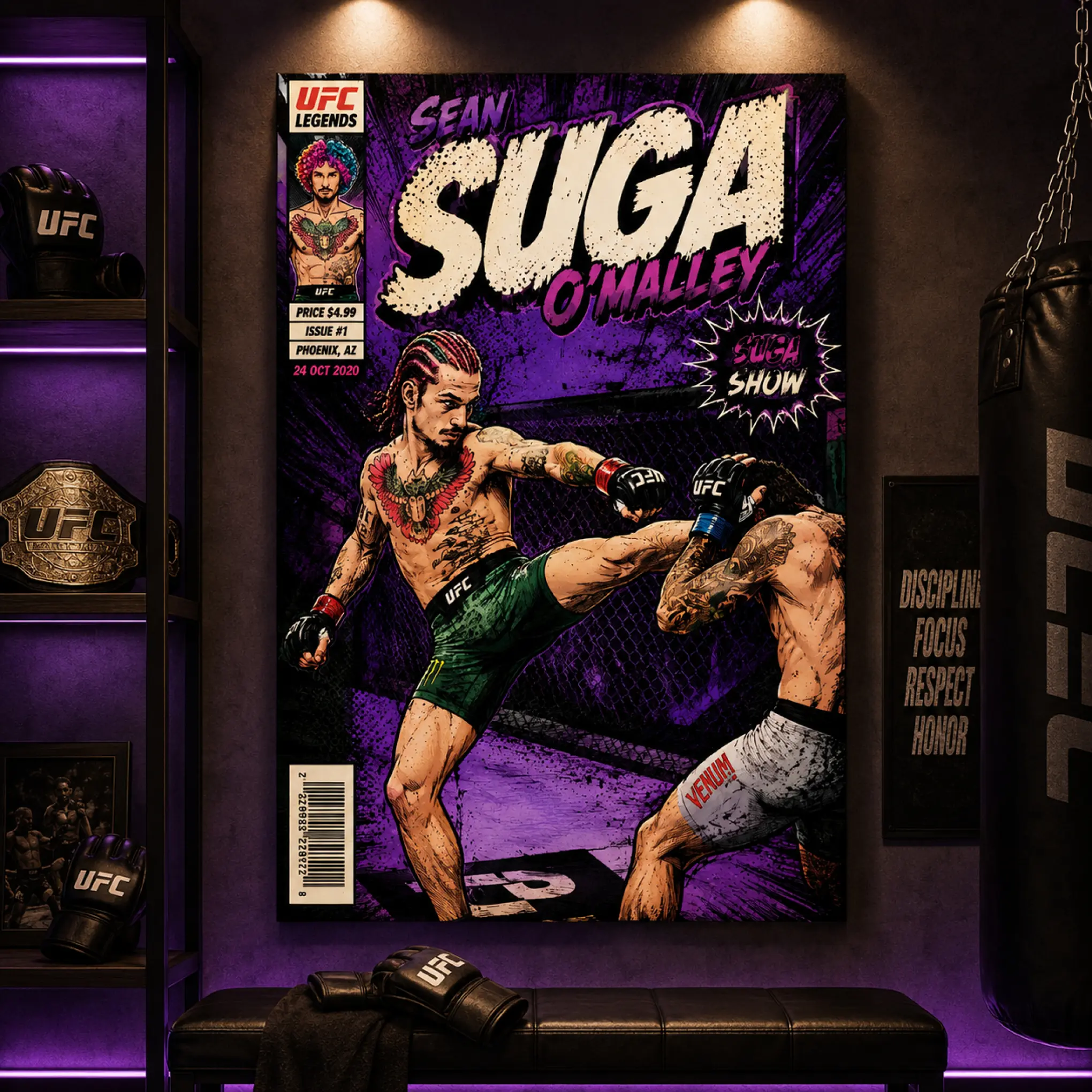Sean O’Malley UFC Canvas Wall Art Poster - Comic Art MMA Fighter Print, Purple Fight Scene, Multi-Size Gym Decor for Bedroom & Man Cave