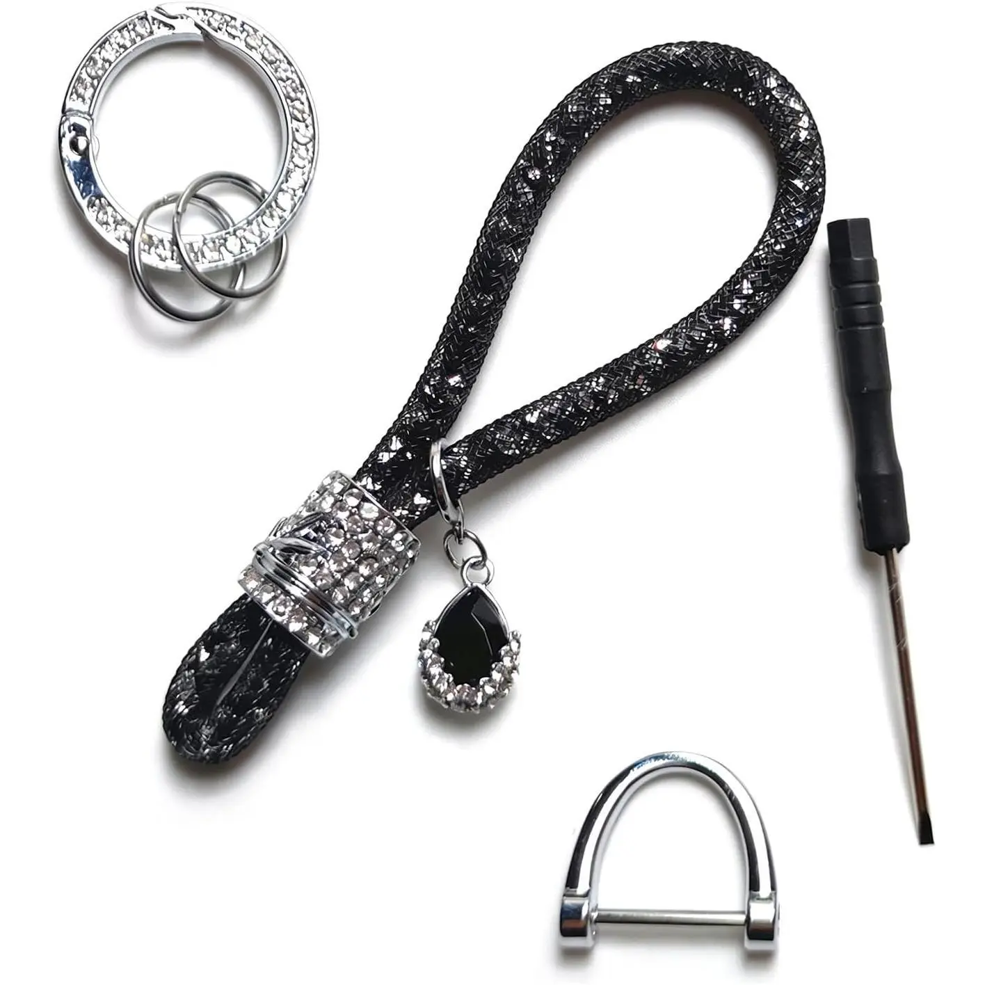 Car Keychain Set, Sparkling Rhinestone Glitter Key Ring, Stylish Key Ring Pendant for Car Keys Purse Charms Handbag Backpack Accessories (Black)