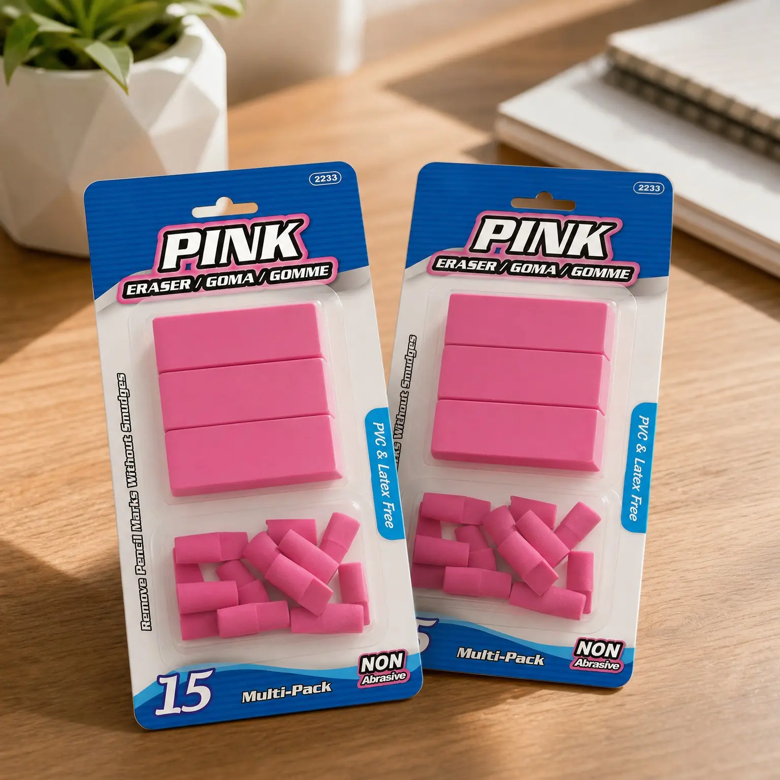 Pink Erasers & Eraser Caps Set, 15 Pieces, 2-Pack | Latex-Free and PVC-Free, Pink Block Erasers Plus 12 Pencil-Top Eraser Caps, Clean Erase for School, Home, Bulk Pack
