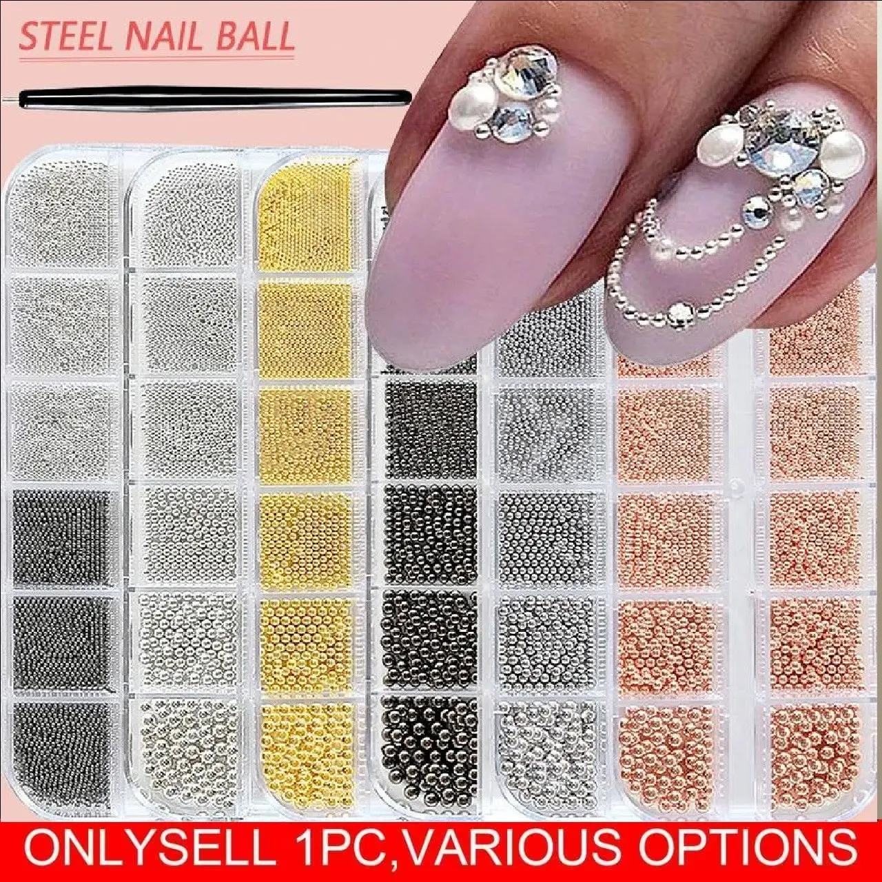 12Grids Mini Caviar Beads Nail Art Decorations Nail Art Supplies Metal Gold/Silver Micro Ball Nail Charms Magnetic Pen 1~3mm Ball Nail Jewelry, Includes 1 Magnetic Picker
