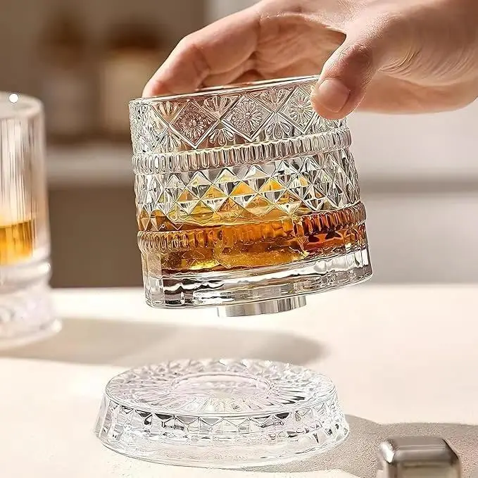 360° Rotating Whiskey Glass, Crystal Whiskey Tumbler, Heavy Base Bourbon Glass for Scotch & Old Fashioned, Gifts for Men