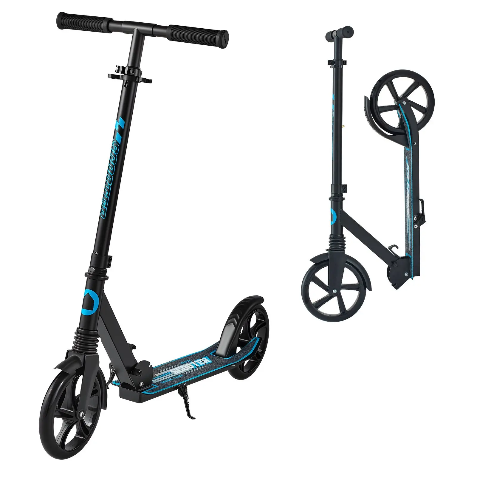 VEVOR 2-Wheel Kick Scooter for Teens, Anti-Slip Deck, PU Wheels, Adjustable Height Handlebar, Foldable Lightweight Design, 220 lbs Max Load, Black+Blue