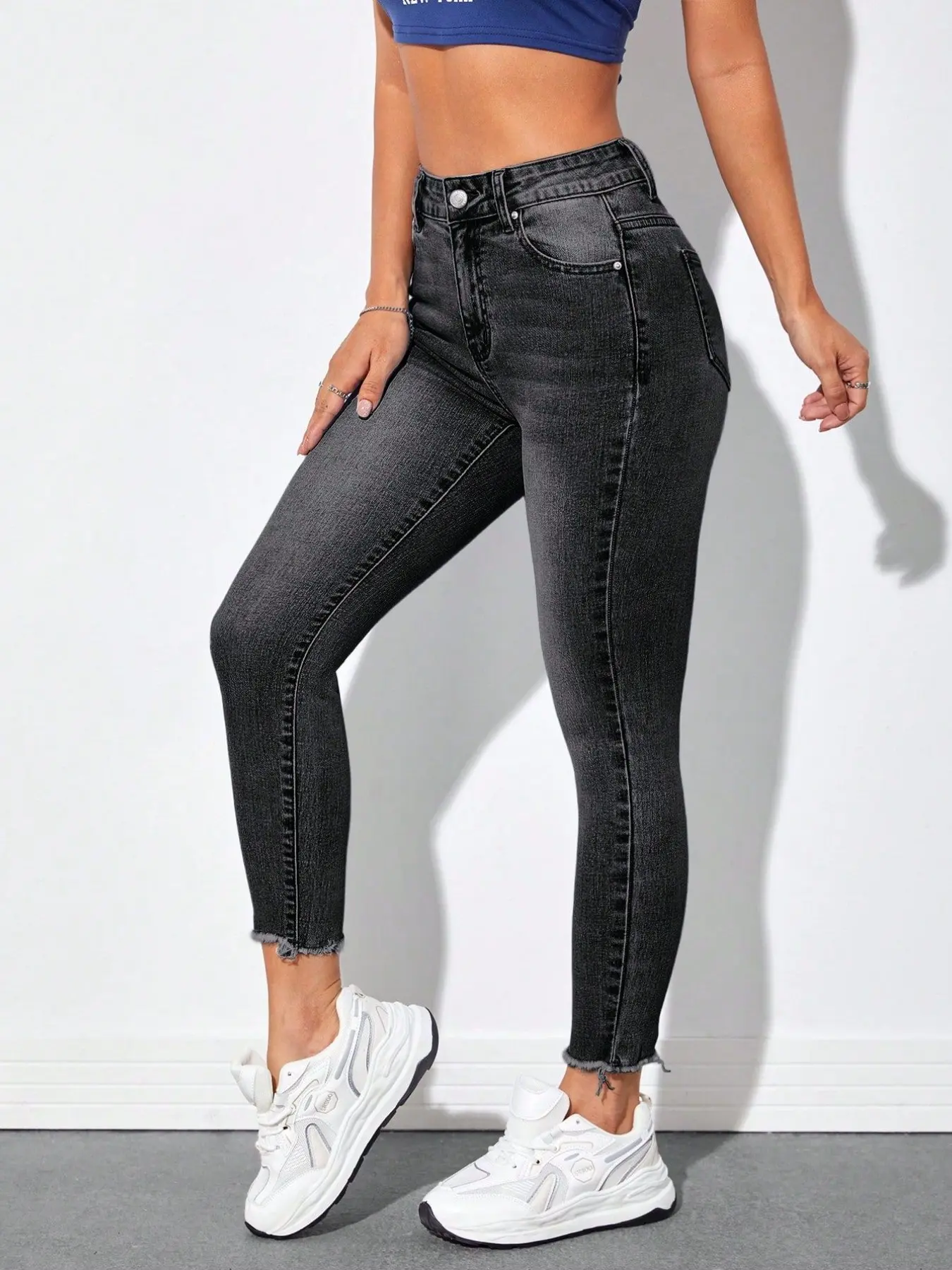 Colorblock Denim Jeans, High Waist Elastic Slim Fit Women Commuter Pants, Nine Inch Small Leg Jean, Fashionable Office Wear