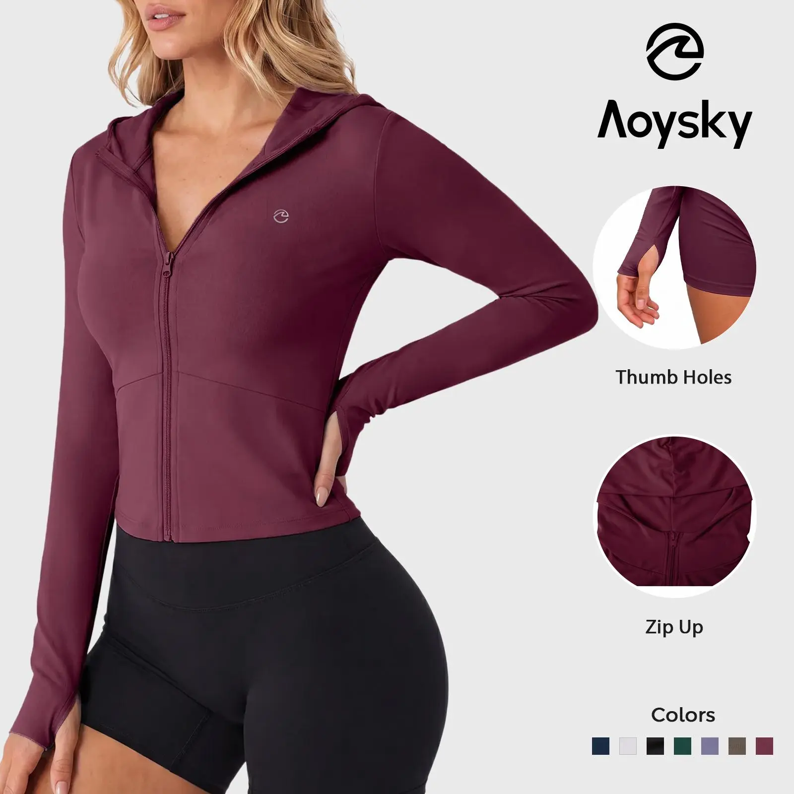 Aoysky Women's Casual Cropped Athletic Jacket, Slim Fit Polyamide Zip Up Hoodie with Thumb Holes for Yoga Workout, Elastane, Basic, All Seasons, Classic, Female, Lightweight