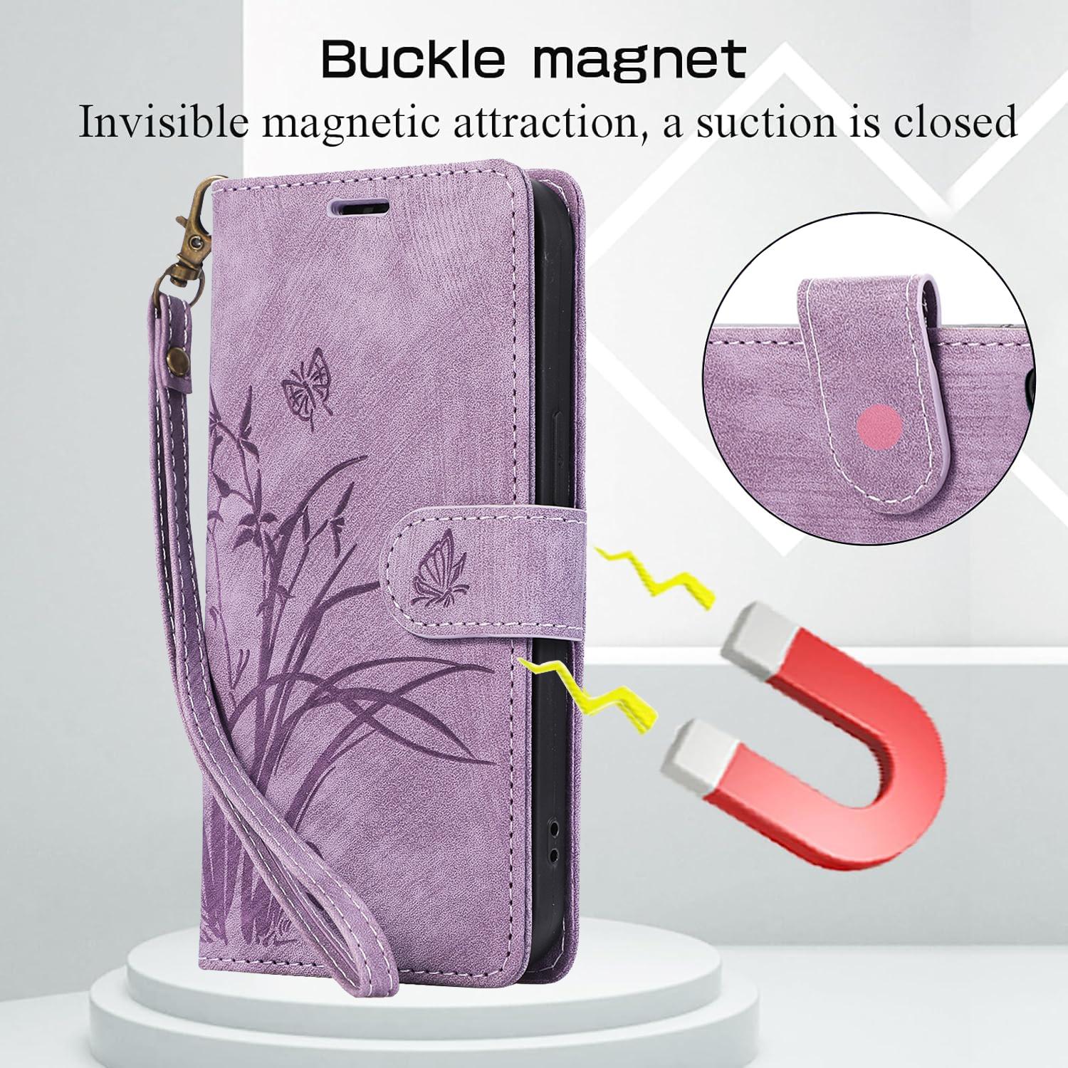 For iPhone 17 16 Pro Max 15 14 13 12 11 Butterfly Orchid Embossed Wallet Cute Phone Case with 1 Cash pocket & 3 Card Slots, Wrist Strap Lanyard Women Soft PU Leather Protective Flip Fold Stand Cover Magnetic Closure For Mom