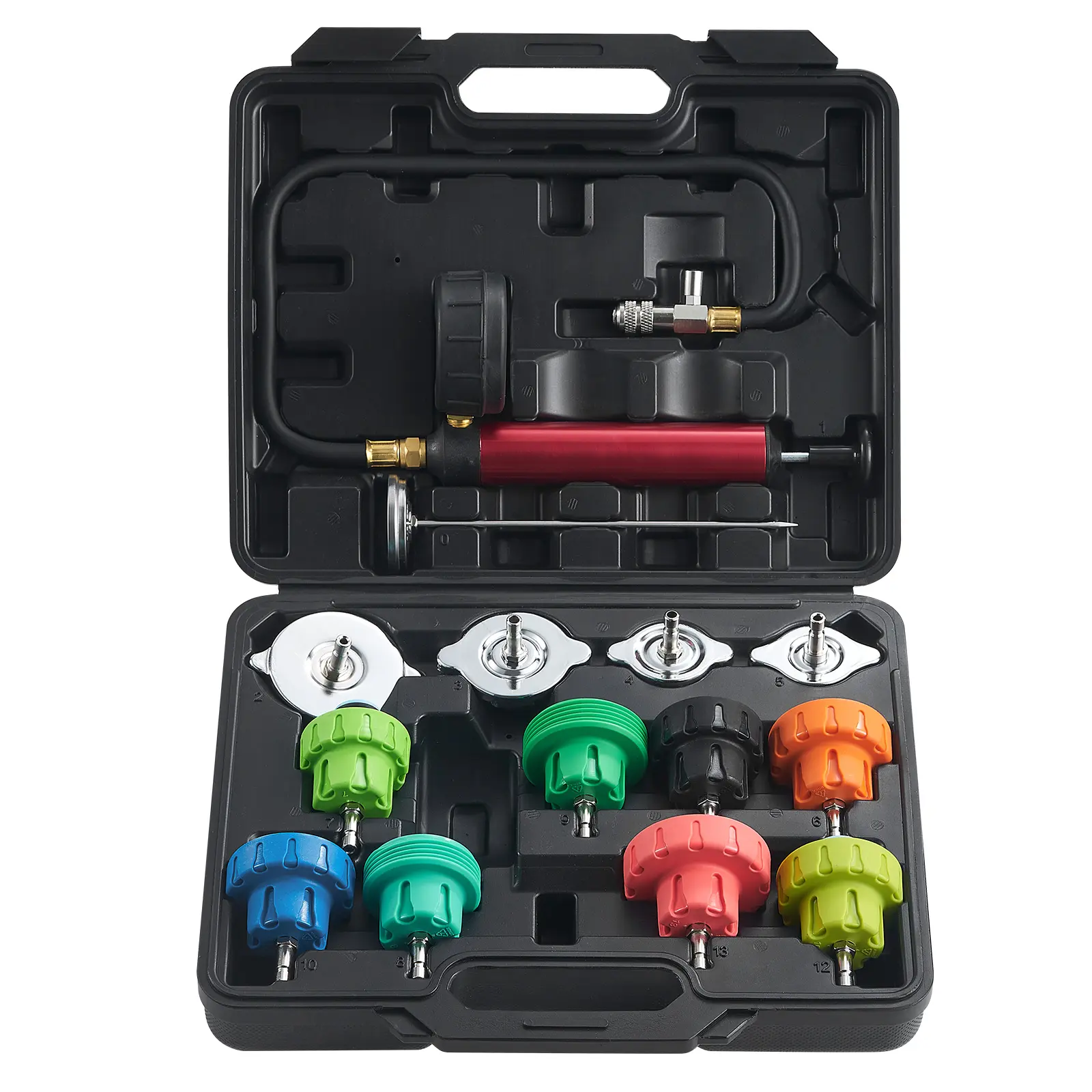 14-Piece Universal Radiator Pressure Tester Kit for Coolant Test, Aluminum 6061 & Rubber Construction, Color-Coded Caps, Universal Fit High Compatibility