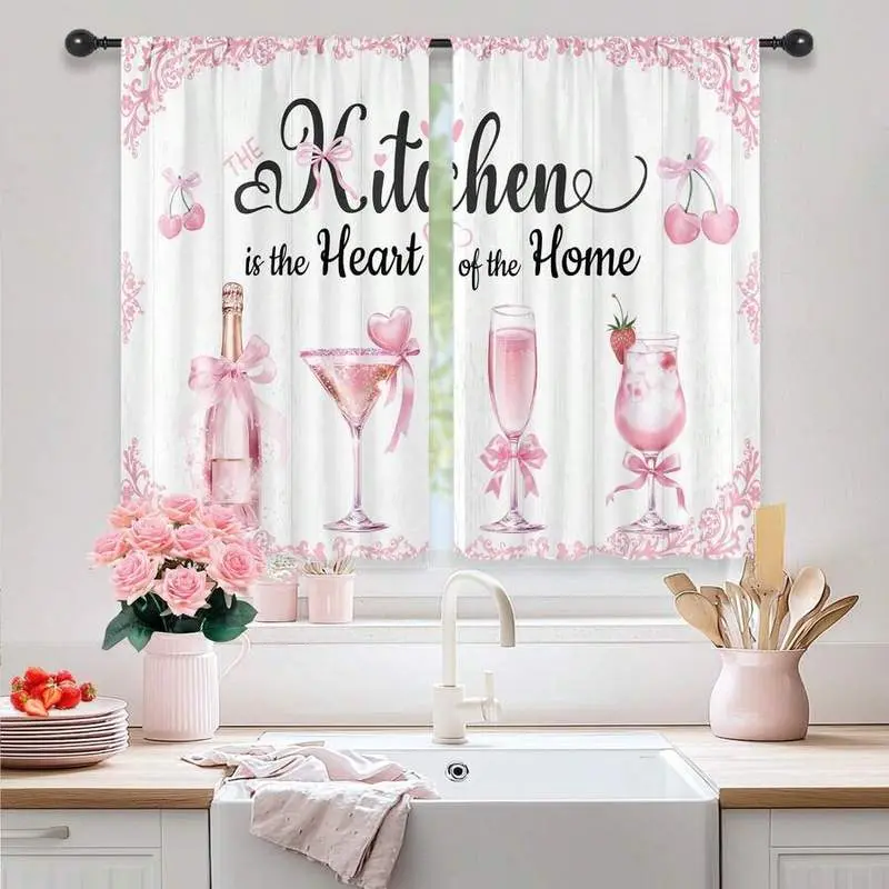 2Pcs Pink Bow Cute Kitchen Curtains Short Small Cute Women Girls Rod Pocket Kitchen Curtains Window Short Tier Blackout Curtains Home Decor 28x40in