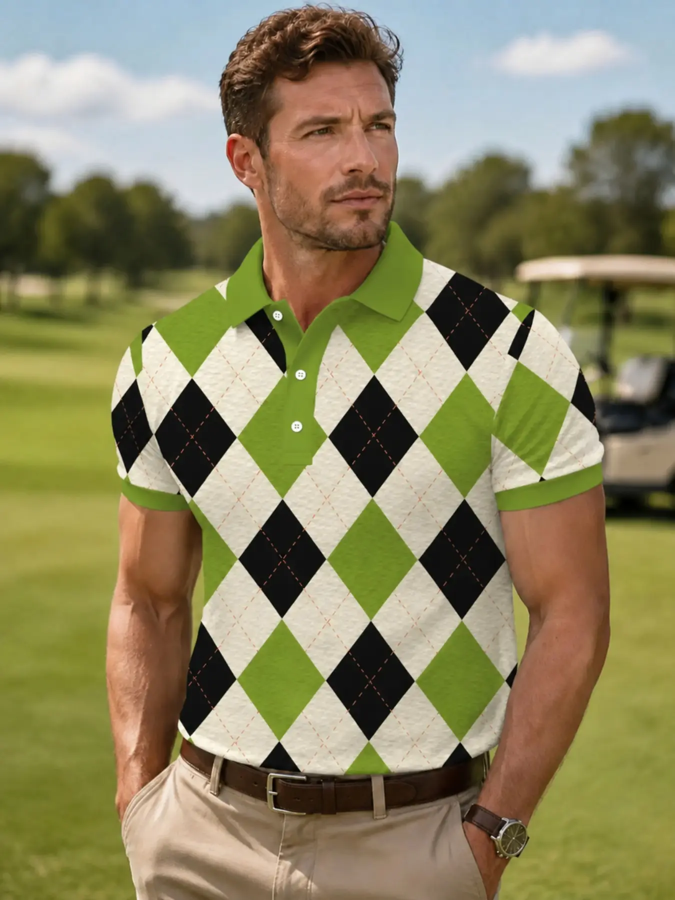 Argyle Pattern Polo Shirt, Breathable Men's Casual Loose-Fit Short Sleeve, Spring & Fall All-Over Print Button Front, Collared Polo Shirts