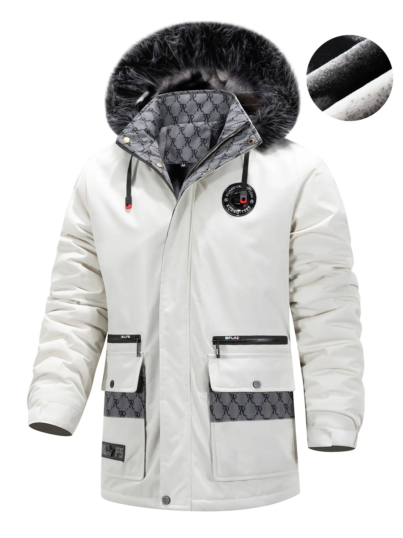 Men's Winter Parka Coat, Detachable Fur Collar, Thick Warm Outerwear, Patchwork Design, Multiple Pockets, Windproof and Cold-Proof
