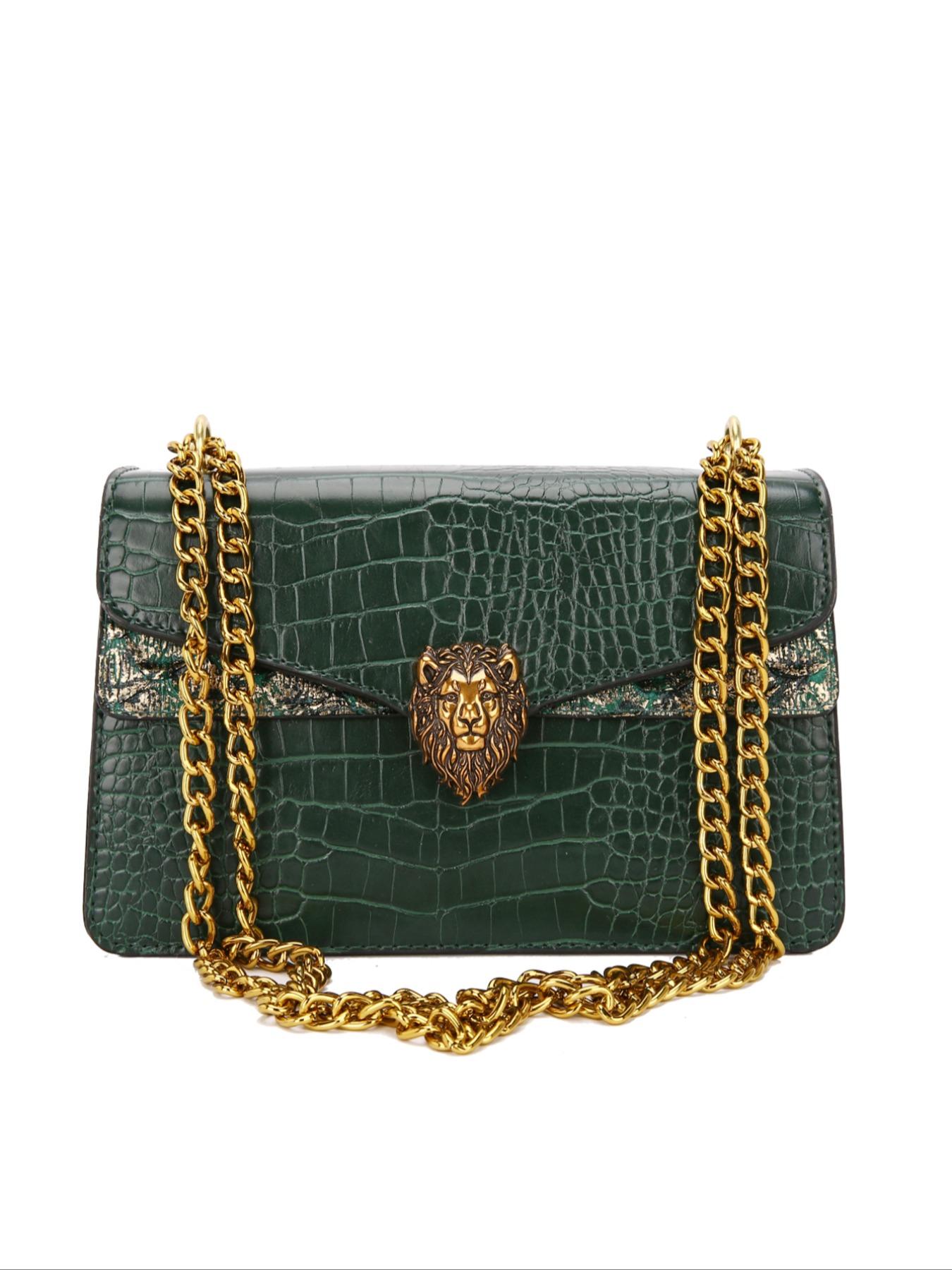 Women's Elegant Crocodile Embossed Crossbody Bag, Fashion Lion Head Decor Shoulder Bag for Daily Used, Casual Trendy Versatile High-quality Daily Commuting Bag, Chain Crossbody Bags
