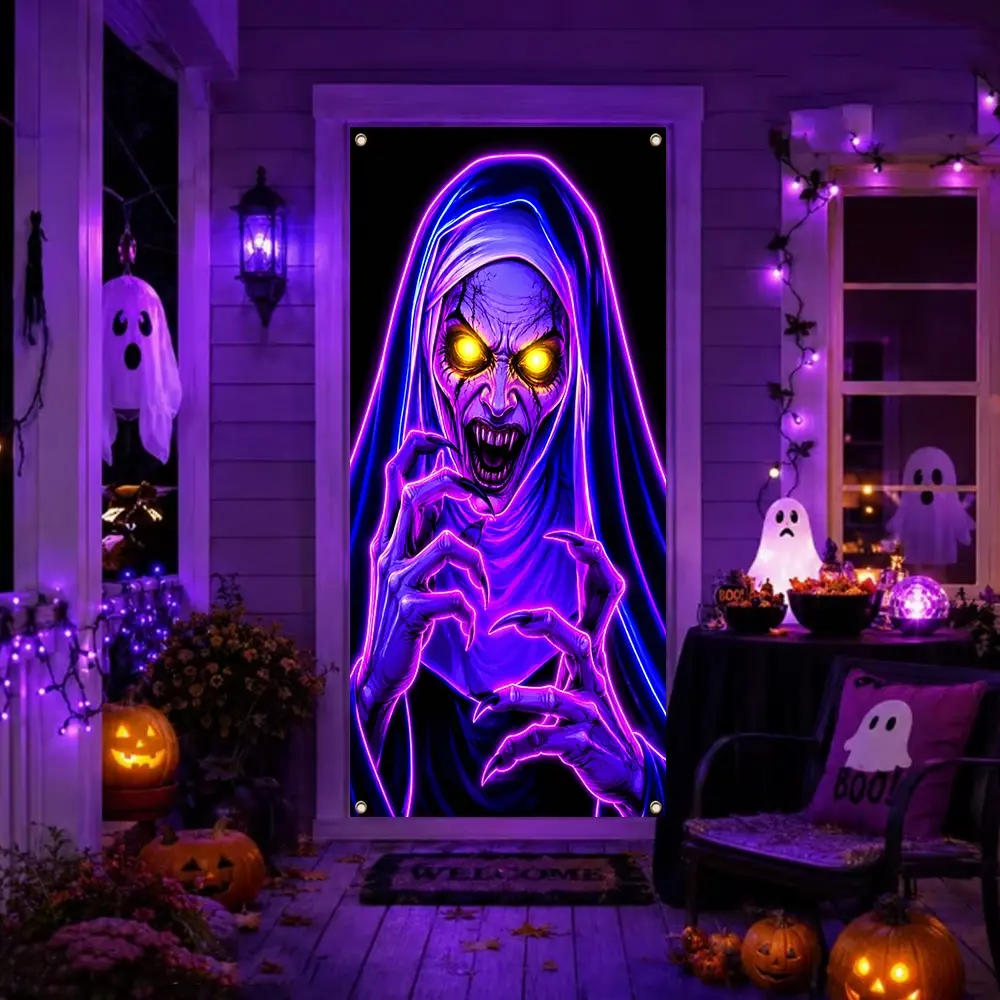 1 pc,flat banner,UV fluorescent Halloween themed door banner, polyester, Glowing Scary Nun Pattern, Halloween Themed Event Decoration, Suitable For Outdoor Garden Yard Fence Decoration, Halloween Party Scene Arrangement, UV Activa, Party Decorations