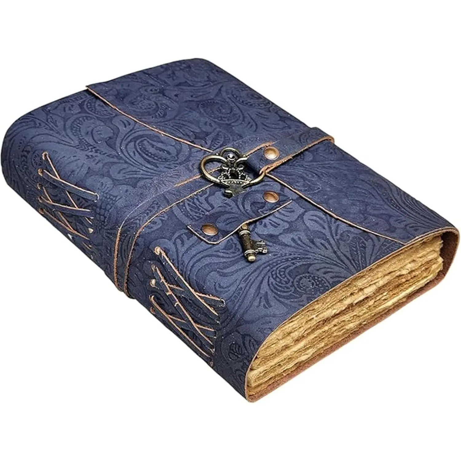 Embossed  Journal with Antique Key  Pages  Journal  Sketchbook Notepad  Travel Journal Book of Shadows  grimoire (Blue)