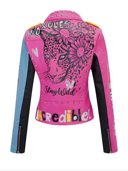 Women's PU Jacket with Belt, Casual Fitted Biker Jacket, Colorblock Animal Print Rivet Design, All Seasons Wearable Outerwear, Casual Fashionable Outerwear