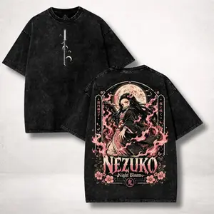 Demon Slayer Nezuko Kamado Vintage Wash, Night Bloom Washed Anime Tee, Vintage Bootleg Manga Streetwear, Anime Fan Gift