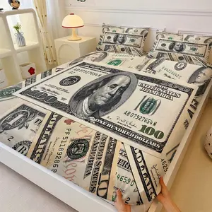 3pcs 100 US dollars Themed Bedding Set, 4 Styles to Choose From USD Pattern Fitted Sheet Set, Decorative bedsheet sets, Suitable for Men and Women, Room Decoration, Soft and Comfortable, Including 1 Fitted Sheet and 2 Pillowcase