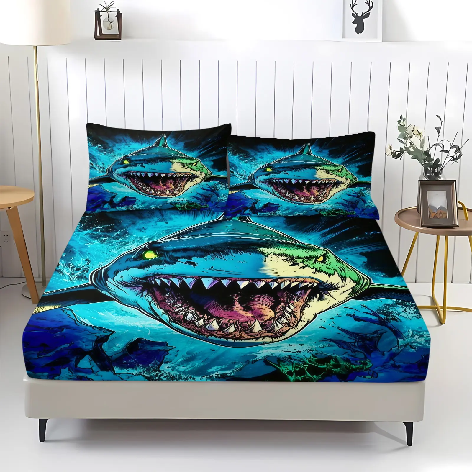 Shark print pattern bed sheet, including 1 sheet and 2 pillowcases, anti slip dust cover suitable for bedrooms and guest rooms, suitable for personal use or gift giving
