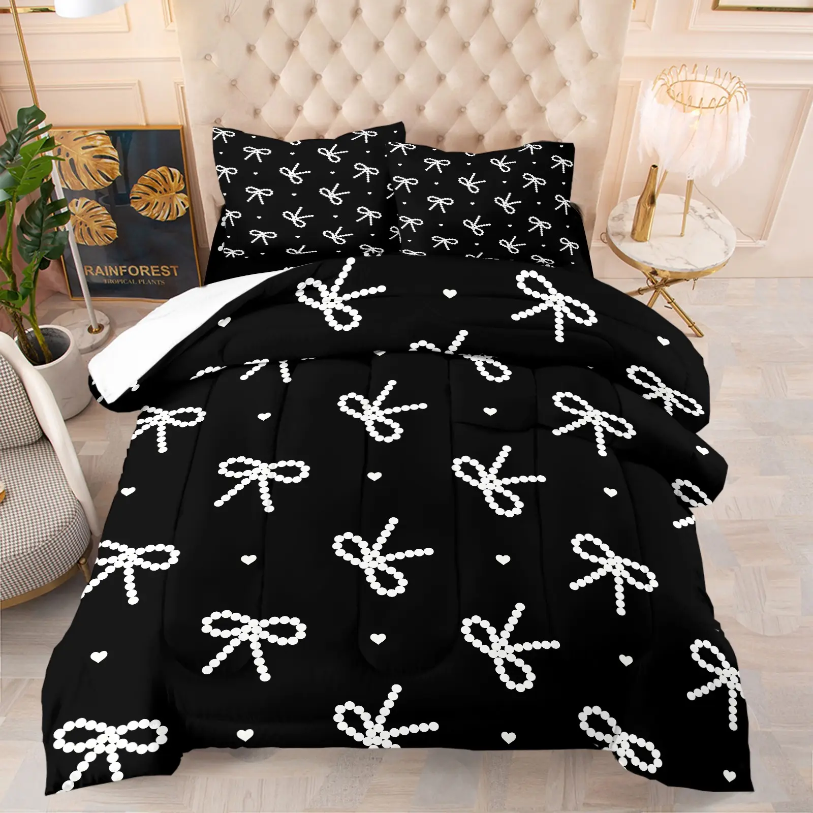 White Pearl Bow Heart Black Comforter Set, Quilted Duvet Set, 1 Comforter + 1-2 Pillowcases, Durable Soft Comfy Washable Bed Set, High Definition Digital Print, Summer Vibe Sweet Girly Aesthetic, All Season Decor for Teen Girls, Decorative Bedding Set