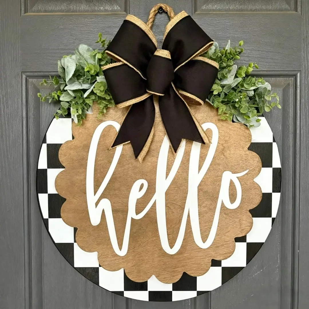 Checkered Hello Door Hanger, American Vintage Wooden Front Door Decor, Bow Plant Welcome Sign, Farmhouse Porch Decoration