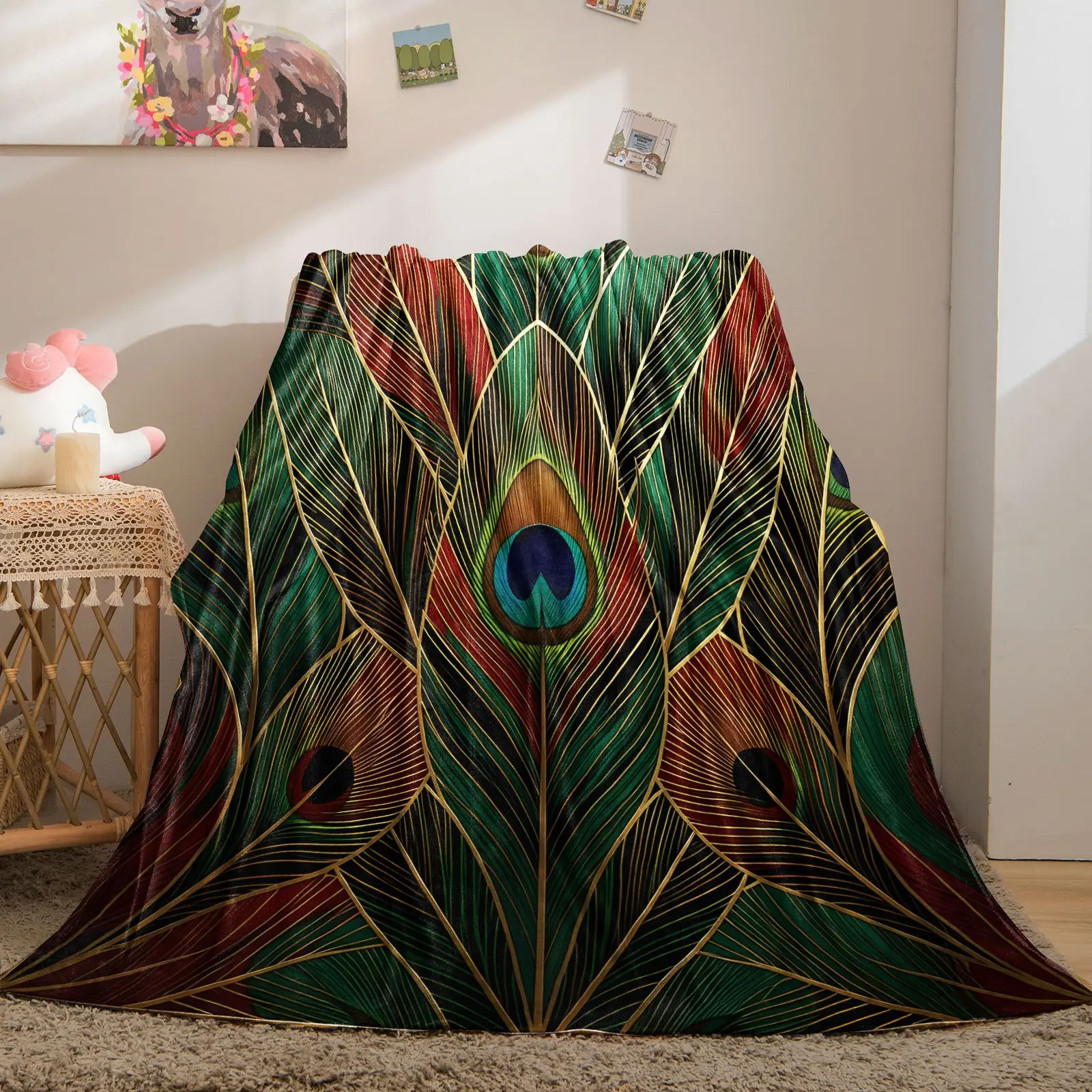 Exotic Vintage Art Peacock Feather Print Fleece Blanket,Soft Fabric for Teens & Adults,Home Travel Use,Multi‑color Available,Back‑to‑School Gift
