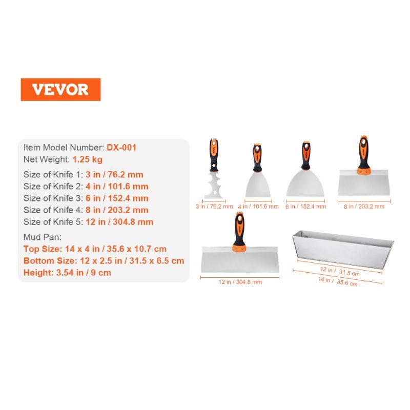 VEVOR Drywall Knife Set, 6 PCS Drywall Tools Includes 3 Painter Scraper, Two Putty Knives, Two Taping Knives and 12 Mud Pan, Stainless Steel Spackle Tool, Drywall Finishing Tools for Home