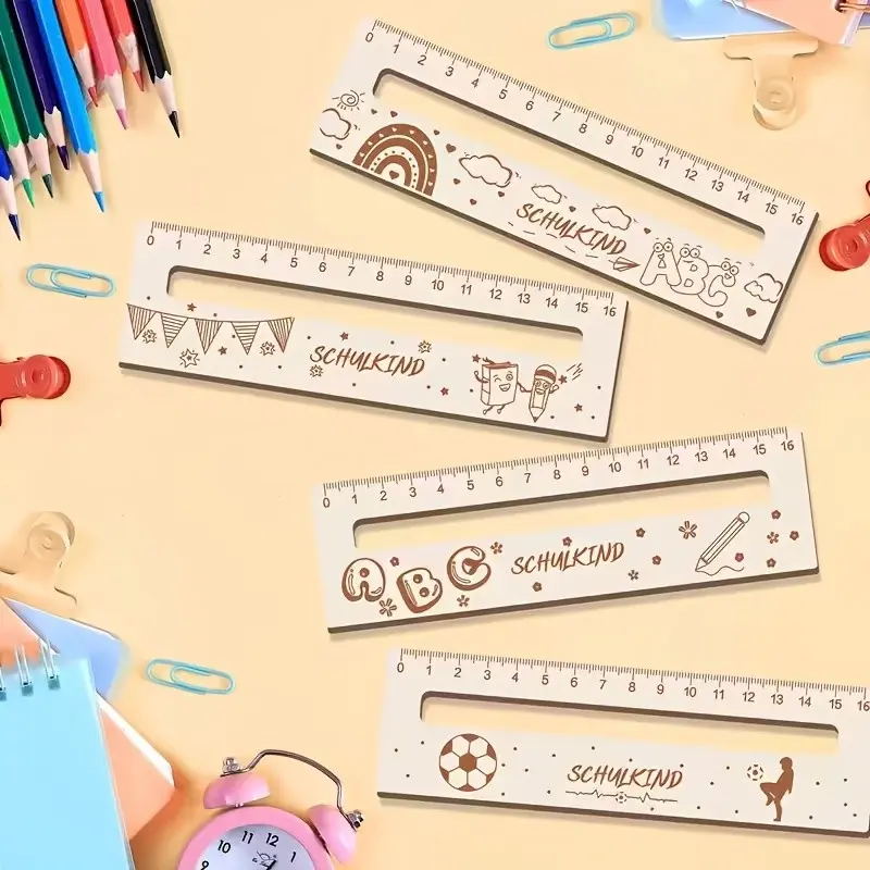Set of 4 Wooden Rulers for Kids, Cute Cartoon Hollow Design, 15cm Measuring Ruler Set, School Supplies Gift for Boys and Girls