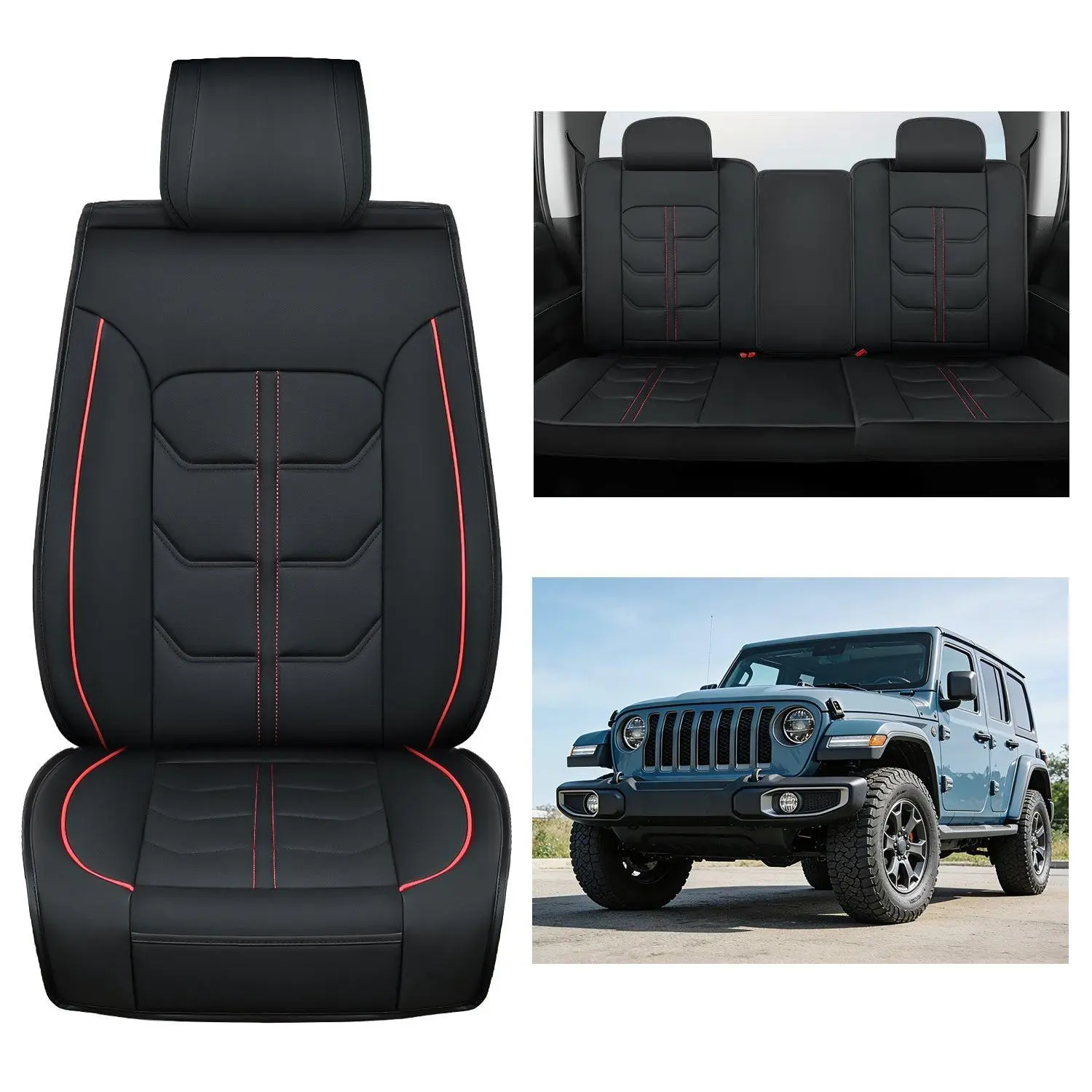 Nilight Leather Waterproof Car Seat Cushion Set for 2007-2024 Jeep Wrangler JK, JL 4-Door Models - Car Interior Accessory, Passenger Airbag Compatible, 5 Layers, Durable Zipper, Extra Storage, Easy Install, Five Layers