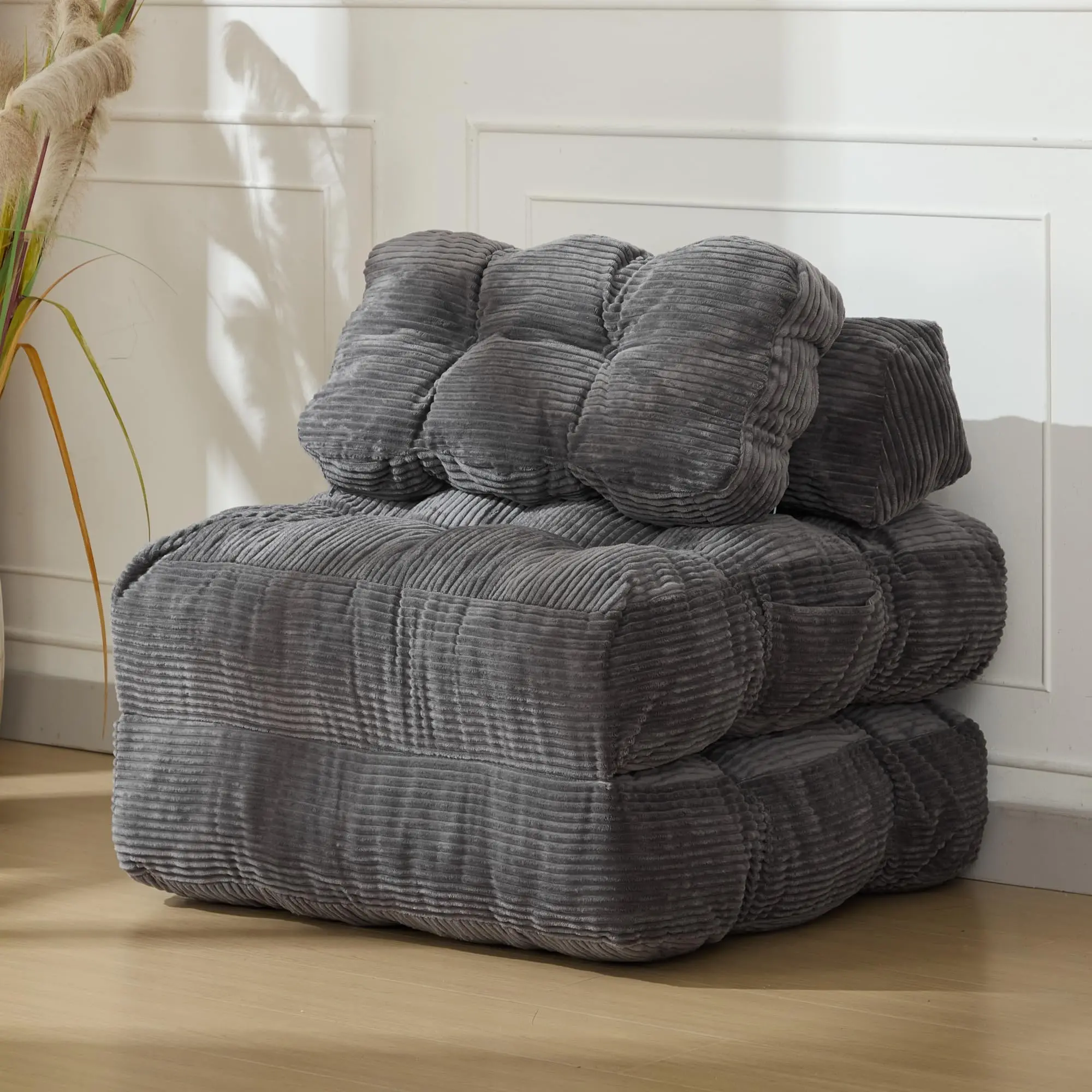 Convertible Sleeper Chair Sofa Bed, Single Seat Tufted Corduroy Floor Lounger with Pillow & Back Support, Foldable Mattress Sofa for Living Room & Bedroom, Navy Blue/Beige