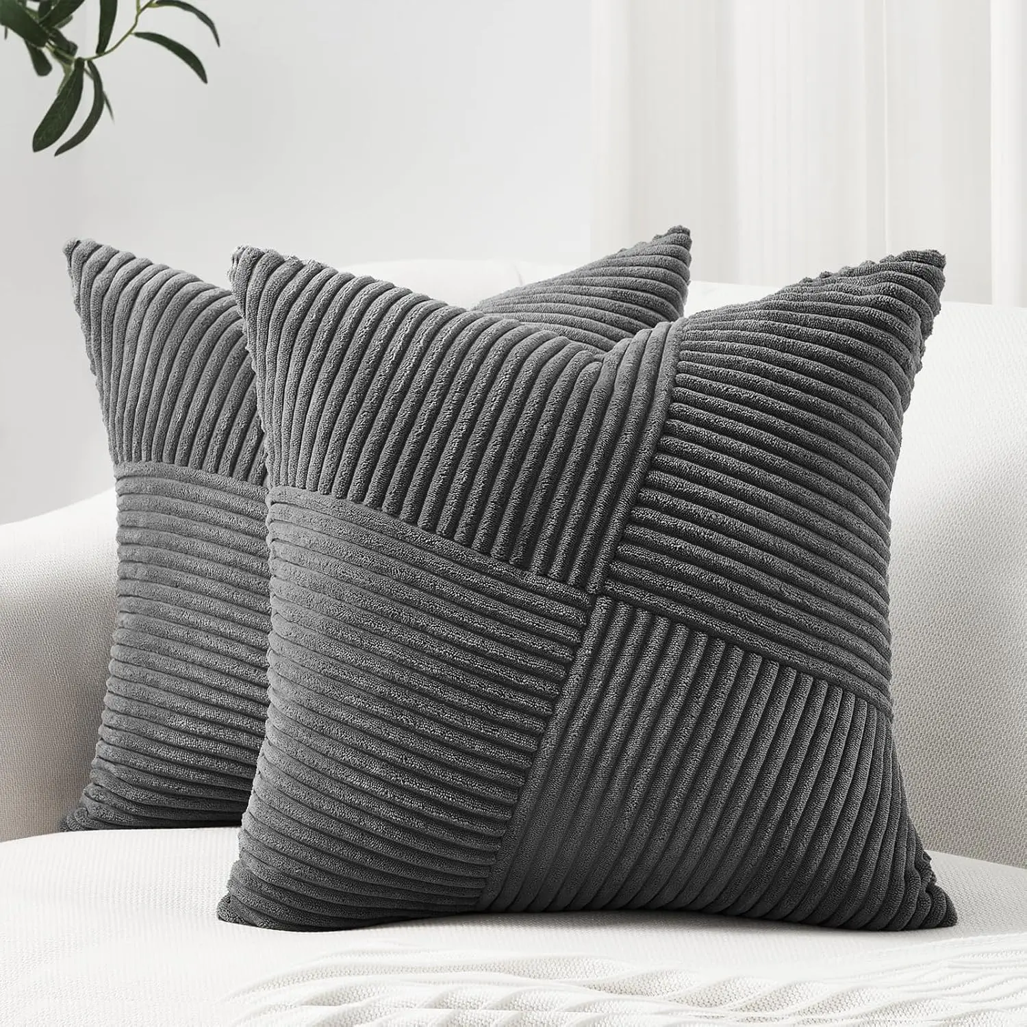 2-Pack Dark Grey & Tan Corduroy Throw Pillow Covers, 22x22 in, Boho Striped Patchwork Textured Cushion Covers, All-Seasons Soft Home Decor for Couch, Sofa, Bed