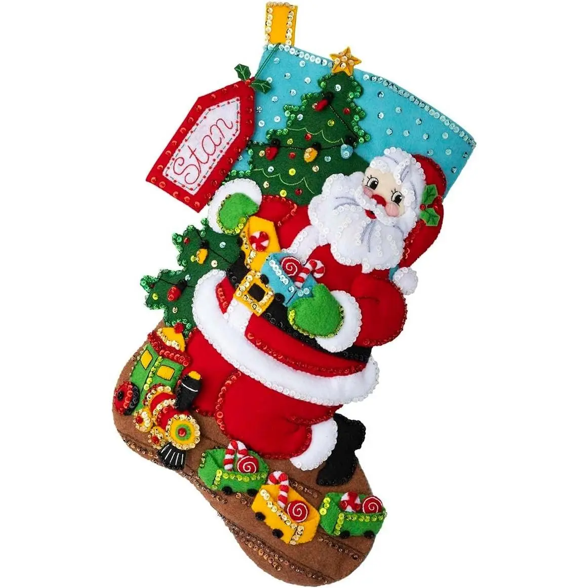 Felt Applique 18" Stocking Making Kit, Toy Train Santa, Perfect for DIY Arts and Crafts, 89485E