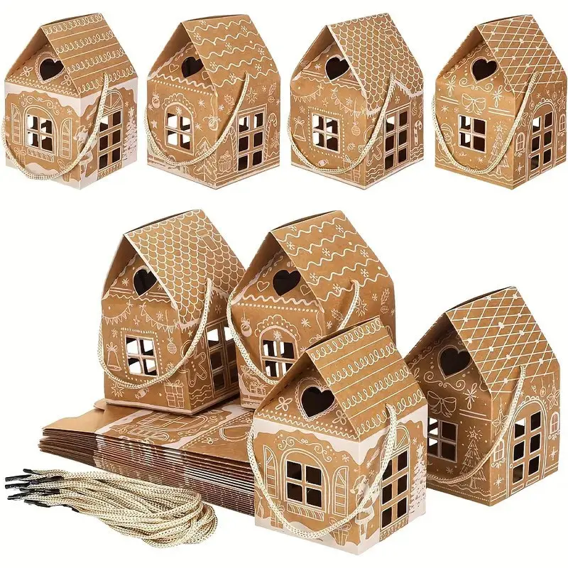12/24 Pcs Christmas Gingerbread House Gift Box, Mini House Shape Candy Cookie Box, Holiday Kraft Paper Gift Box, Festive Party Favor Packaging