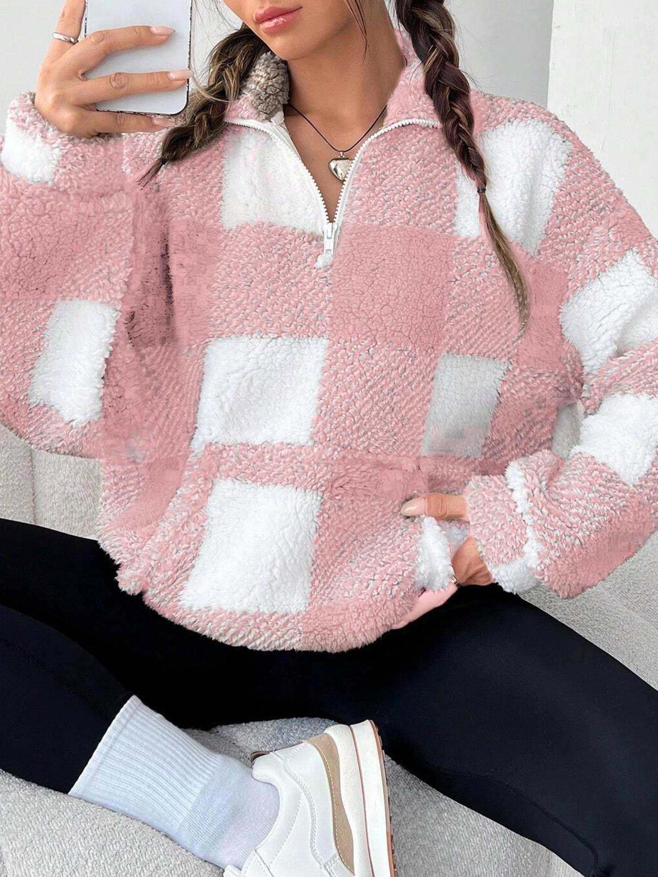Women's Plaid Half Zip Drop Shoulder Fleece Sweatshirt, Casual Long Sleeve Collar Pullover for Spring & Fall, Ladies Clothes for Daily Wear