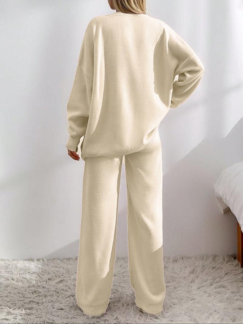 Women's Solid Button Front Drop Shoulder V Neck Cardigan & Elastic Waist Wide Leg Pants Two-piece Set, Casual Fashion Cozy Knitwear Set for Daily Outdoor Wear, Women's Knitwear for Fall & Winter Women's Solid Button Front Drop Shoulder V Neck Cardigan & Elastic Waist Wide Leg Pants Two-piece Set, Casual Fashion Cozy Knitwear Set for Daily Outdoor Wear, Women's Knitwear for Fall & Winter