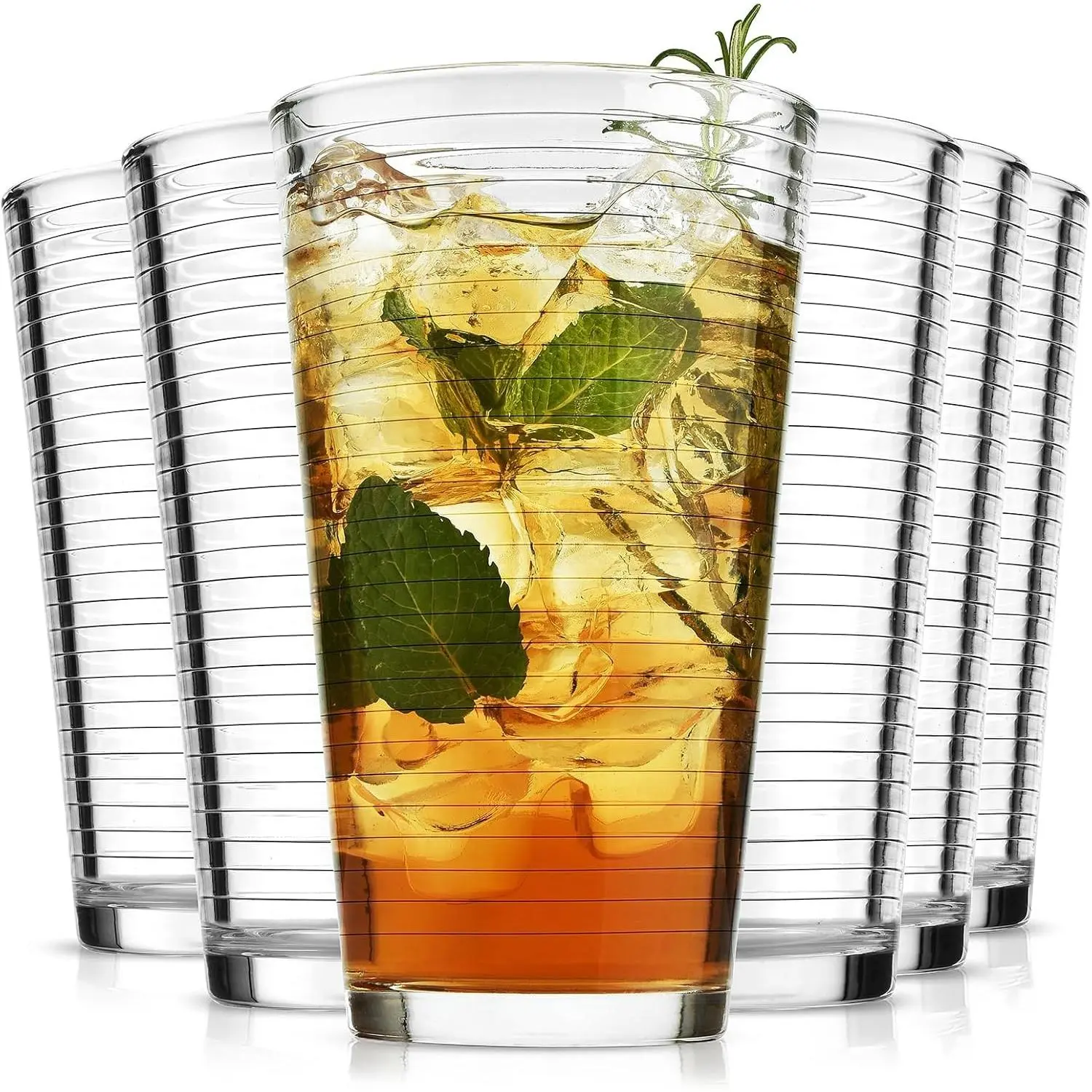16 oz Drinking Glasses, Set of 6 Highball Glasses, Ribbed Glassware Glass Cups, Water Glasses for Beer, Iced Coffee Cups, Cocktail Glasses, Wine, Iced Tea, Dishwasher Safe