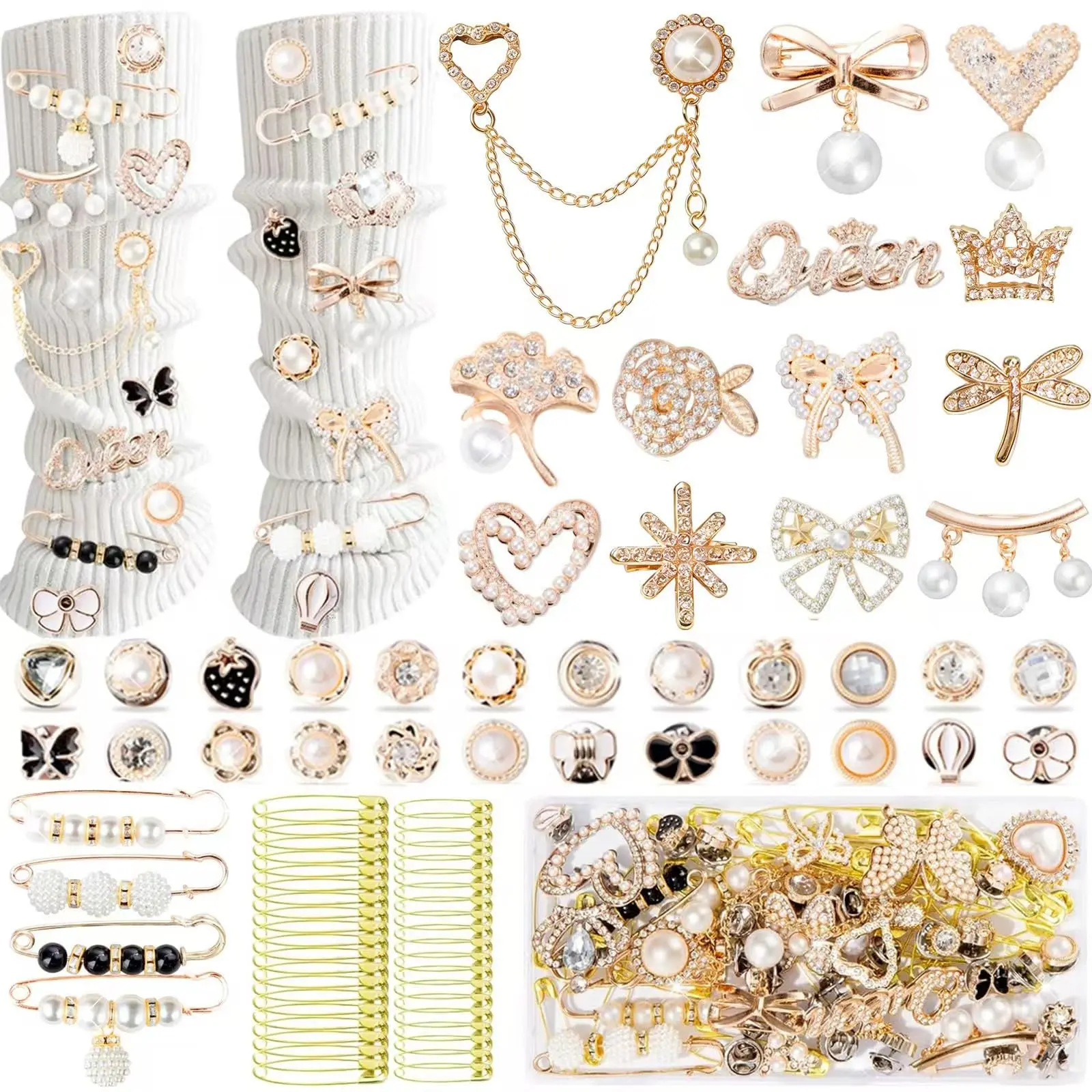 80Pcs Junk Socks Charms Kit, Gold Pearl Rhinestone Brooch Safety Pins for Women DIY Shoe Hat Clothes Accessories