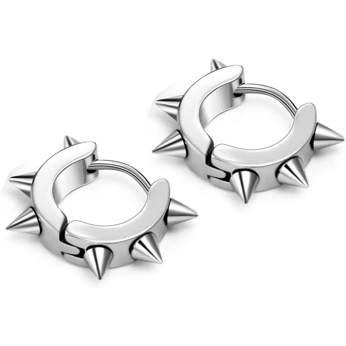 Unisex Punk Silver Stainless Steel Goth Rivet, Awl & Spike Huggie Piercing Hoop Earrings