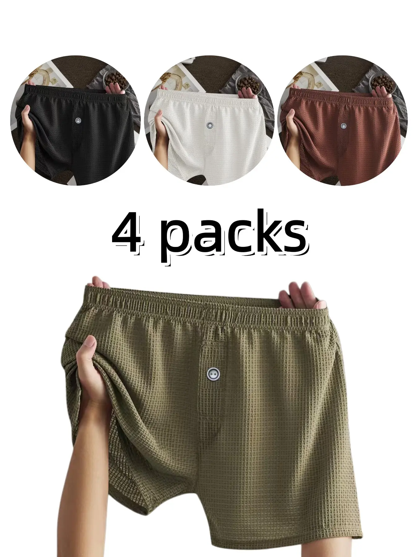 Men's Waffle Texture Boyshorts 4-Pack, Loose Fit Breathable Underwear, Casual Style Underwear, Front Crotch Button Design, Casual All-Season Wear
