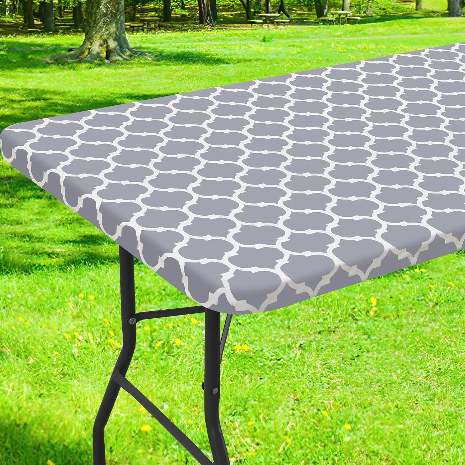 Rectangle Picnic Table Cover, Waterproof Elastic Fitted Camping Tablecloths for 4 Foot Tables, Wipeable Flannel Backed Vinyl Tablecloth Protector for Indoor, Outdoor (Grey, 24x48 Inches)