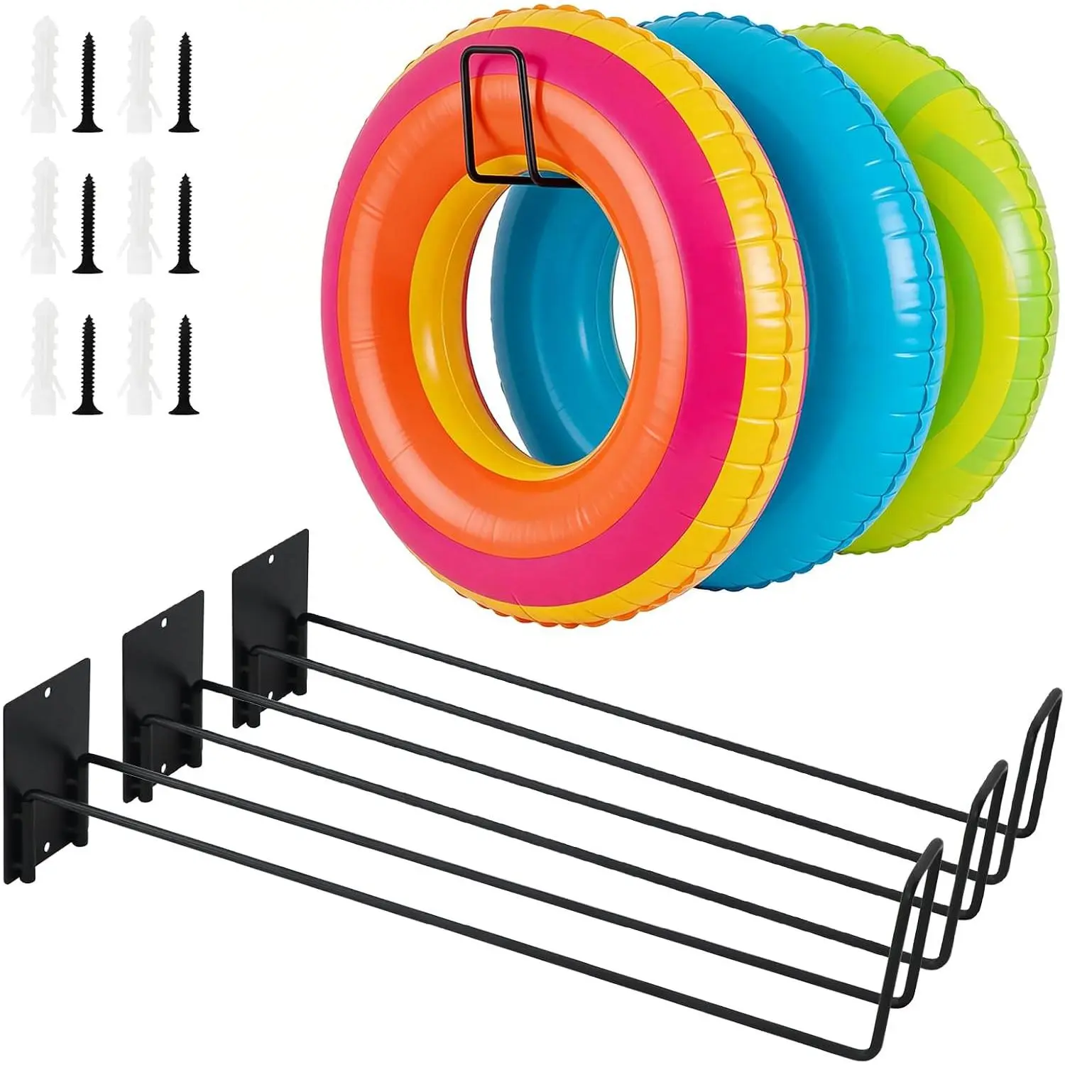 3 Pcs Pool Float Storage Holder, 17.3 Inch Wall Mount Pool Float Organizer Storage Rack with Hangers for Swimming Ring, Towel, Tools & More Storage Indoor Outdoor Space-Saving