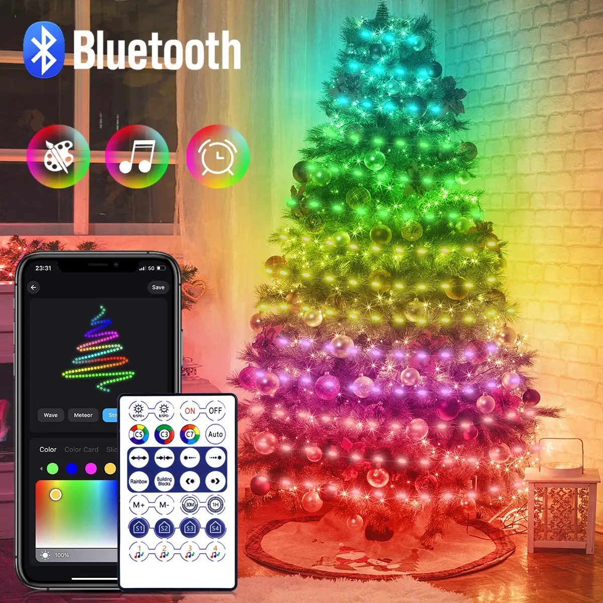 Smart Bluetooth-compatible Colorful Christmas Tree LED Lights String, USB Powered Fairy Lights, Waterproof Garland, Indoor Outdoor Holiday Decorations