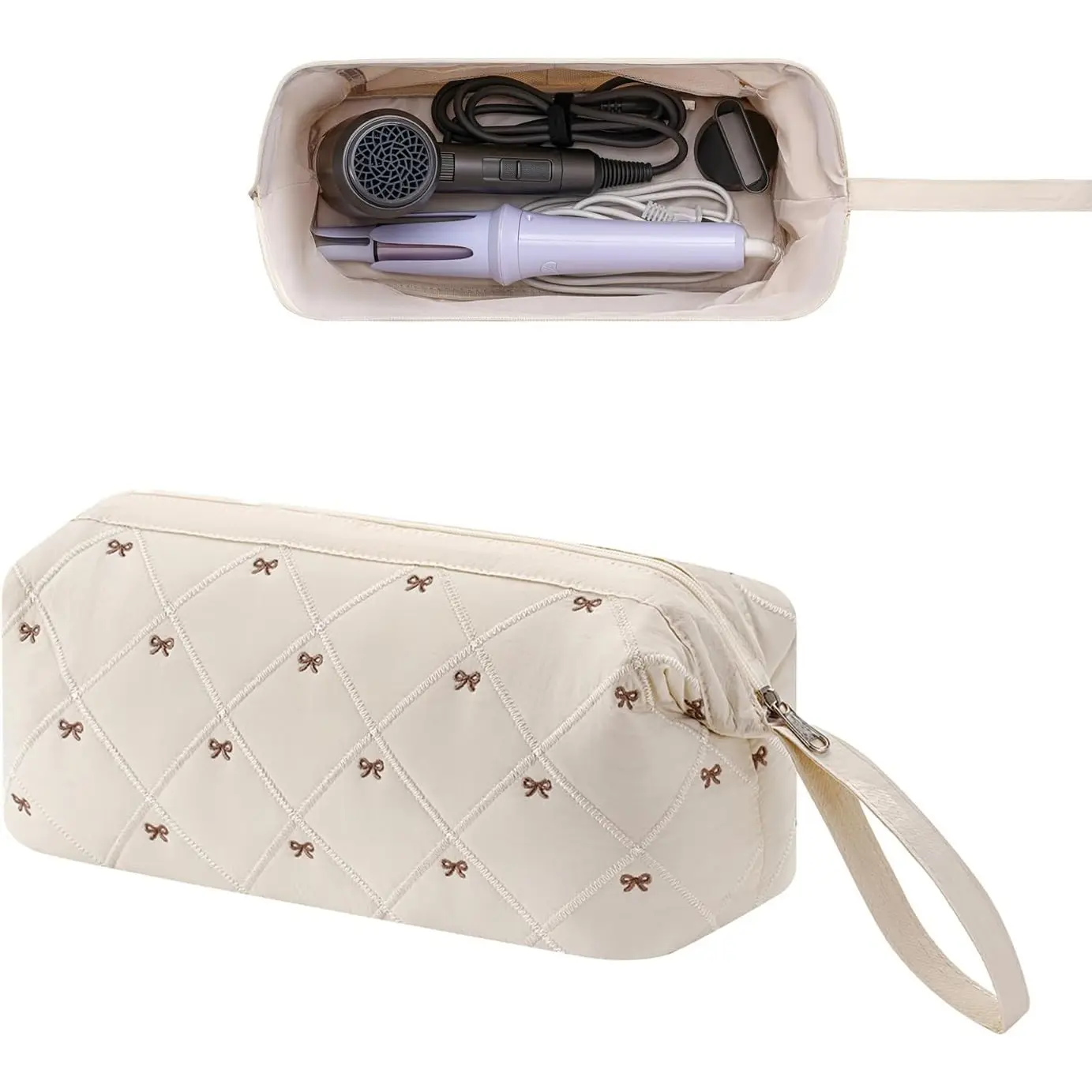 Large Quilted Hair Tool Travel Bag with Bow Pattern, Waterproof Hair Accessory Storage Box, Fits Shark Flexstyle, Dyson Airwrap, Curlers